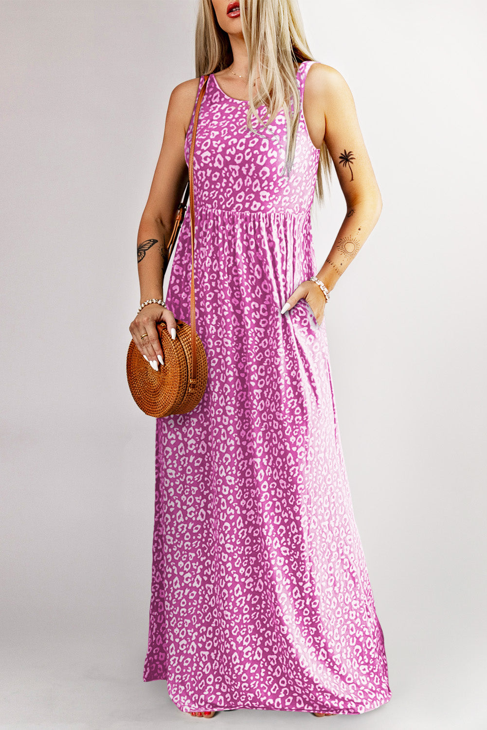 Rose Pink Leopard Pocketed Maxi Tank Dress