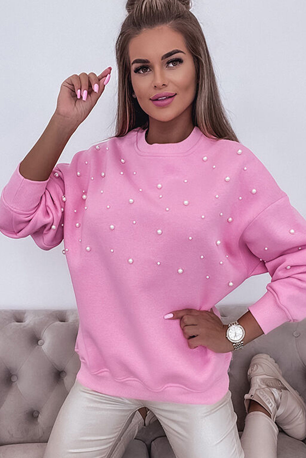 Pink Pearl Decor Ribbed Contrast Round Neck Sweatshirt