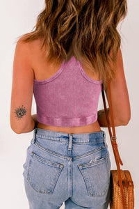 Black Ribbed Mineral Wash Racerback Cropped Tank Top