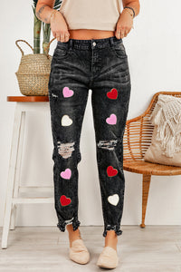Black Chenille Heart Patch Graphic Ripped Washed Jeans