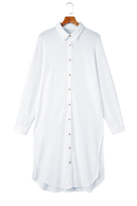White Striped Button Up Long Sleeve Swimsuit Cover Up