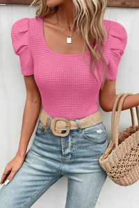Bright Pink Scoop Neck Waffle Knit Puff Sleeve Top
